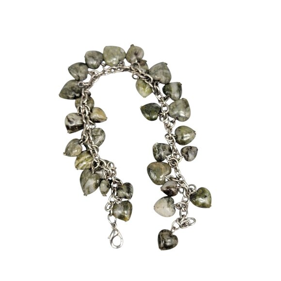 Jadeite Heart Dangling Charm Bracelet Silver Tone Oval Link Chain Adjustable 8" - Picture 8 of 13